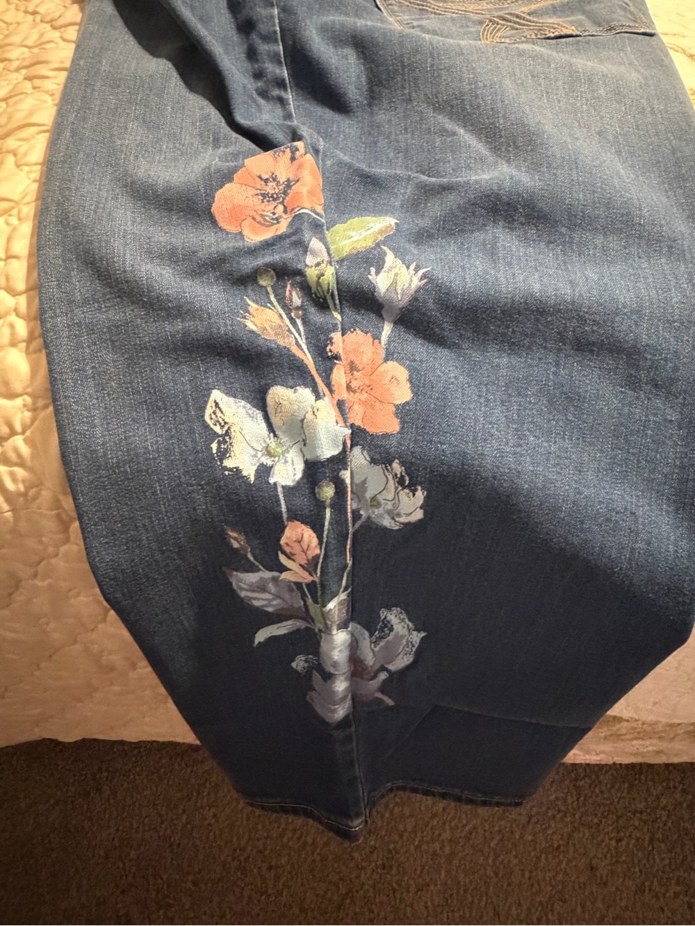 Seven7 Dark Blue Cropped Jeans with Pink & Light Blue Floral Embroidery - Picture 3 of 9